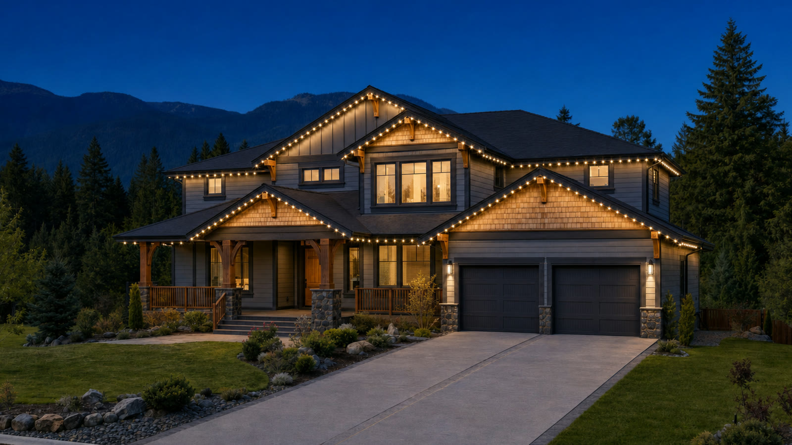 A two-storey house at dusk with warm white lights along every eave and gable.